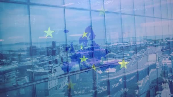 Modern Şehir Manzarasına Karşı Matematiksel Denklemlerle Avrupa Birliği Bayrağı Haritasının — Stok video
