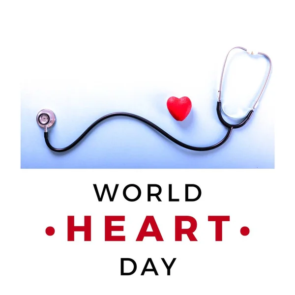 世界の心臓の日テキスト 赤い心臓と白い背景のステスコープ グローバルハートヘルスと医療意識キャンペーンデー デジタル生成画像 — ストック写真