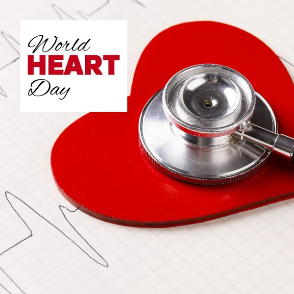 Παγκόσμια Ημέρα Της Καρδιάς Κείμενο Κόκκινη Καρδιά Και Στηθοσκόπιο Και — Φωτογραφία Αρχείου