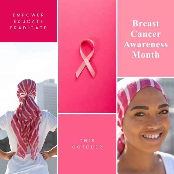 Borstkanker Bewustzijn Maand Tekst Met Lint Glimlachende Biraciale Vrouw Roze — Stockfoto