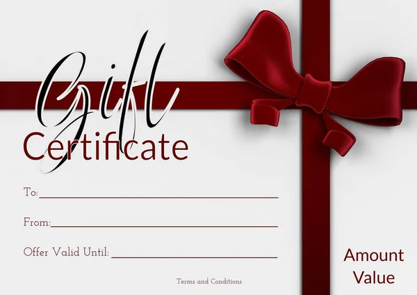 Gift Certificate Text Detail Space Red Gift Ribbon Bow White — Stock Photo, Image