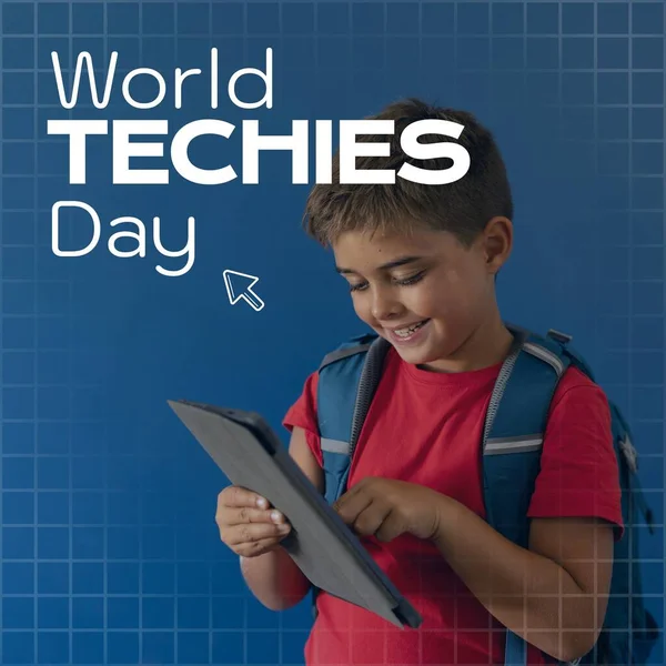 World Techies Day Text Happy Caucasian Schoolboy Using Tablet Blue — Stock Photo, Image