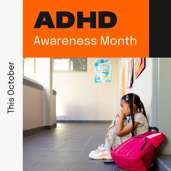 stock image Adhd awareness month text on orange with sad biracial girl sitting in school corridor. Attention deficit hyperactivity disorder, mental health awareness october campaign, digitally generated image.