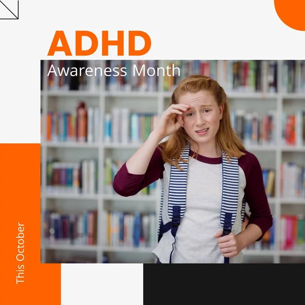Adhd awareness month text with distressed caucasian schoolgirl in library. Attention deficit hyperactivity disorder, mental health awareness october campaign, digitally generated image.