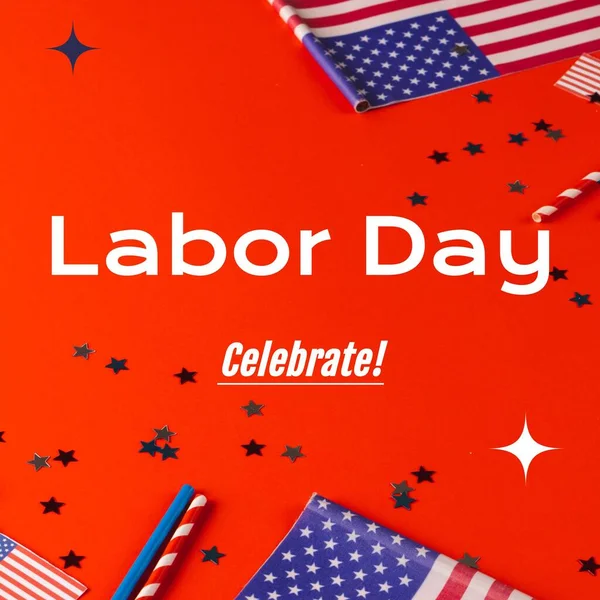 노동의 흰색으로 텍스트를 미국의 깃발과 빨간색에 미국에 노동자와 노동운동의 기여를 — 스톡 사진