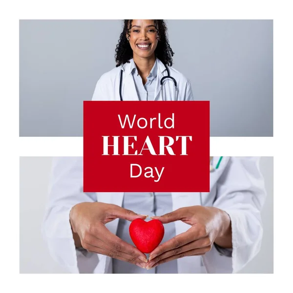 Παγκόσμια Ημέρα Της Καρδιάς Κείμενο Για Κόκκινο Πάνω Χαμογελώντας Biracial — Φωτογραφία Αρχείου