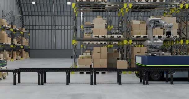 Animace Robotů Dronů Pracujících Skladu Globální Koncepce Přepravy Dodání Logistiky — Stock video