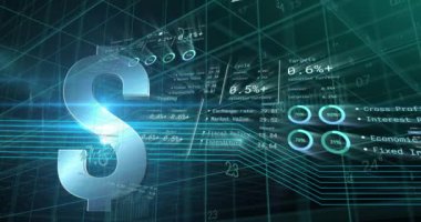 Amerikan doları sembolü üzerinden finansal veri işleme animasyonu. Küresel iş, finans, hesaplama ve veri işleme kavramı dijital olarak oluşturulmuş video.