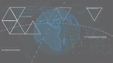 Bağlantılar ve üçgenlerden oluşan bir dünya animasyonu. Küresel ağlar, işletmeler, finansmanlar, hesaplama ve veri işleme kavramı dijital olarak oluşturuldu.