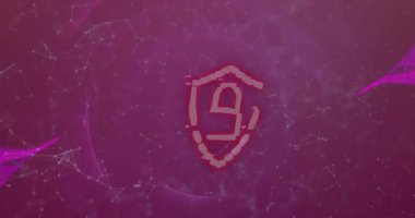 Güvenlik asma kilit simgesi, dijital dalga ve mor arkaplandaki bağlantı ağının animasyonu. Sanal güvenlik ve iş teknolojisi konsepti dijital olarak oluşturulmuş video.