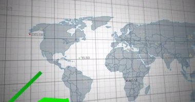 Beyaz arkaplana karşı harita üzerinde değişen sayılarla birden fazla grafiğin animasyonu. Dijital olarak üretilen hologram, illüstrasyon, rapor, iş dünyası, büyüme, soyut ve küresel kavram.