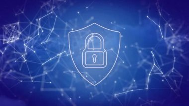 Mavi arkaplandaki bağlantı ağı üzerinden asma kilit animasyonu. Dijital olarak oluşturulmuş küresel siber güvenlik, bilgisayar ve veri işleme kavramı.