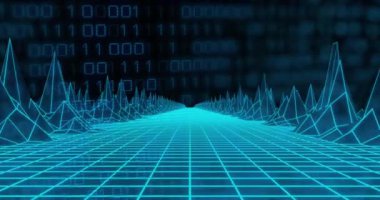 Siyah arkaplana karşı ikili kodlar üzerinden dağları oluşturan 3D şebeke modelinin animasyonu. Dijital olarak üretilmiş, hologram, resimleme, manzara, üç boyutlu, kodlama ve teknoloji.