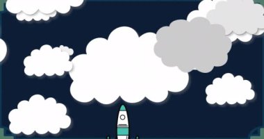 Bulutların üzerinde uçan roketin canlandırması siyah arka planda. Dijital olarak üretilen hologram, illüstrasyon, keşif, bilim, iş, başarı, soyut ve teknoloji kavramı.