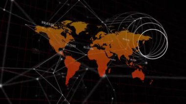 Dünya haritası üzerindeki simgelerle bağlantı ağının animasyonu. Dijital olarak oluşturulmuş küresel bağlantılar, hesaplama ve veri işleme kavramı.