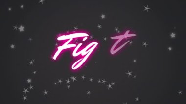 Siyah arka planda parlayan yıldızlar üzerinde dövüş metninin animasyonu. Küresel video oyunu, dijital arayüz, iletişim, bilgisayar ve veri işleme kavramı dijital olarak oluşturuldu.