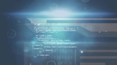 Bilgisayar dilinin soyut arkaplana bağlı noktalar ve mercek fişekleri üzerindeki animasyonu. Dijital olarak üretilmiş, hologram, illüstrasyon, iletişim, kodlama ve teknoloji kavramı.