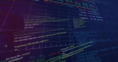 Bilgisayar dili animasyonu, grafikler ve siyah arkaplan üzerinde işlem kartları. Dijital olarak üretilmiş, hologram, illüstrasyon, rapor, iş dünyası, borsa, kodlama ve teknoloji kavramı.