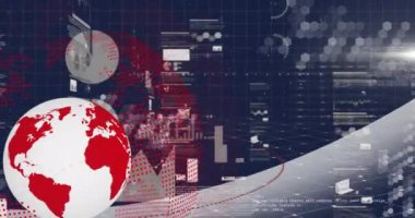 Finansal veri işleme animasyonu siyah arka planda dünya çapında. Küresel iş, finans, hesaplama ve veri işleme kavramı dijital olarak oluşturulmuş video.