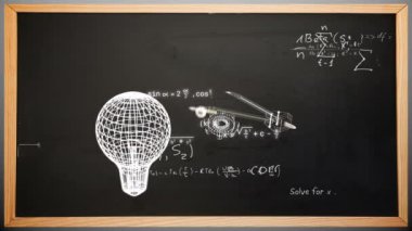 Kara tahta üzerinde simgelerin ve matematiksel denklemlerin animasyonu. Eğitim, öğrenme, bilgi, bilim ve dijital arayüz kavramı dijital olarak oluşturulmuş video.