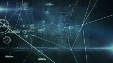 Soyut arkaplan üzerinde grafikler ve ses dalgalarıyla bağlantılı noktaların animasyonu. Dijital olarak üretilmiş, hologram, illüstrasyon, rapor, iş ve iletişim kavramı.