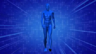 Mavi insan modelinin üzerinde yürüyen mavi ışık izlerinin animasyonu. Küresel bilim, tıp, araştırma, hesaplama konsepti dijital olarak oluşturulmuş video.