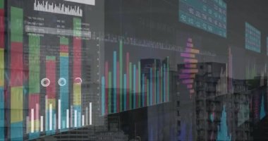 Animation of financial data processing over cityscape. Global business, finances, computing and data processing concept digitally generated video.