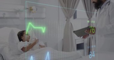 Asyalı erkek doktor ve kız hasta arasındaki veri işleme animasyonu. Küresel sağlık, bilim, tıp, araştırma, bilgisayar ve veri işleme kavramı dijital olarak oluşturulmuş video.