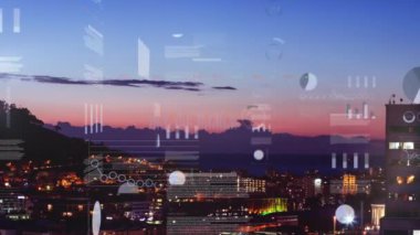 Animation of financial data processing over cityscape. Global business, finances, computing and data processing concept digitally generated video.