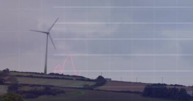 Gökyüzüne karşı yeşil alandaki yel değirmeninin üzerinde değişen sayılarla birden fazla grafik animasyonu. Dijital bileşik, çoklu pozlama, rapor, iş, büyüme, sürdürülebilir enerji kavramı.