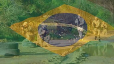 Çeşitli askerlerin üzerinde Brezilya bayrağı animasyonu. Vatanseverlik, silahlı kuvvetler ve savunma konsepti dijital olarak oluşturulmuş video.