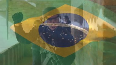 Çeşitli askerlerin üzerinde Brezilya bayrağı animasyonu. Vatanseverlik, silahlı kuvvetler ve savunma konsepti dijital olarak oluşturulmuş video.