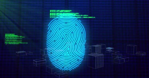 Animering Biometriskt Fingeravtryck Och Databehandling Över Blå Bakgrund Globalt Koncept — Stockvideo