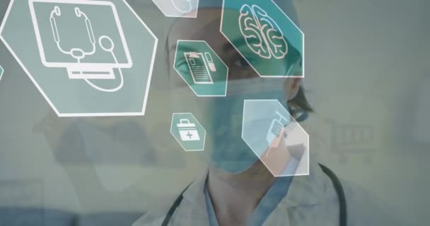 通过高加索女医生制作图标和处理医疗数据 全球医学 计算机和数据处理概念数字生成的视频 — 图库视频影像