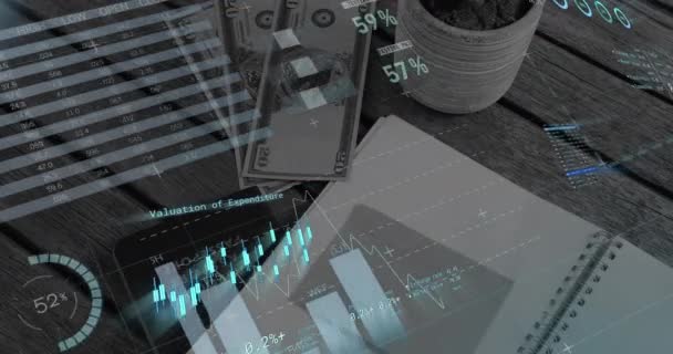 Animatie Van Verwerking Van Financiële Gegevens Amerikaanse Dollarbiljetten Notebook Mondiaal — Stockvideo