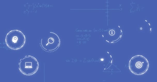 Animering Nätverk Ikoner Över Matematiska Formler Global Vetenskap Anslutningar Databehandling — Stockvideo