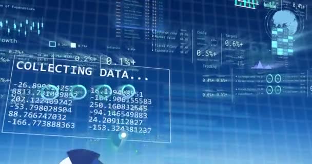 青い背景に金融データ処理のアニメーション グローバルビジネス コンピューティング データ処理の概念デジタル生成ビデオ — ストック動画