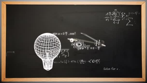 在黑板上动画图标和数学方程 科学和数字界面概念 — 图库视频影像