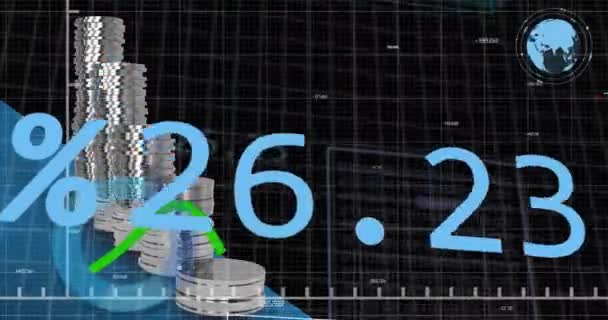 Animation Der Verarbeitung Von Finanzdaten Über Stapel Von Silbermünzen Globales — Stockvideo