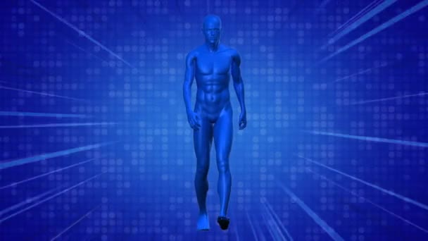 青色のライトトレイルを青色の人間のモデルウォーキングの上にアニメーションします グローバルサイエンス コンピューティングコンセプトデジタル生成ビデオ — ストック動画