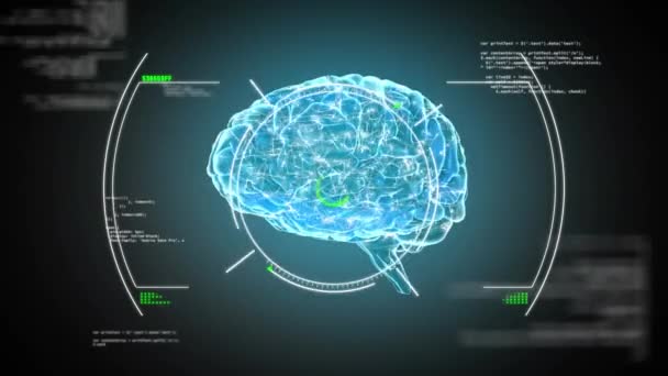 在人脑上进行数据处理的动画 全球科学 计算和数据处理概念数字生成的视频 — 图库视频影像