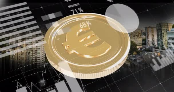 Animación Del Procesamiento Datos Financieros Sobre Monedas Oro Euros Negocios — Vídeo de stock