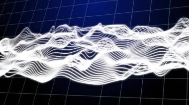 Mavi arkaplan üzerinde dinamik dalga deseni animasyonu. Dijital olarak üretilmiş, hologram, illüstrasyon, bağlantı, üç boyutlu ve teknoloji kavramı.