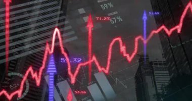 Animation of financial data processing over cityscape. Global business, finances, computing and data processing concept digitally generated video.