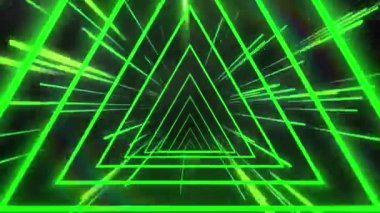 Siyah arkaplan üzerinde yeşil ve sarı neon ışık yolları ve üçgenlerin animasyonu. Soyut, neon ve ışık konsepti, dijital olarak üretilen video.