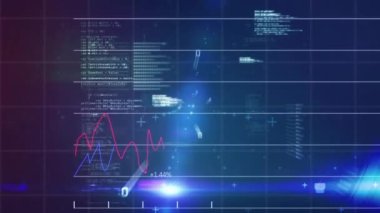 İstatistiksel veri işleme, ikili kodlama ve mavi arkaplan ile ışık noktalarının animasyonu. Küresel ekonomi ve iş veri teknolojisi kavramı
