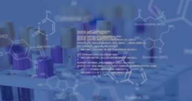 Animation of scientific data processing over test tubes in laboratory. Global science, computing and data processing concept digitally generated video.