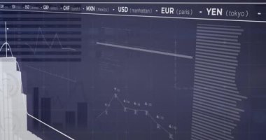 Grafiklerin animasyonu, bilgisayar arayüzü, bilgi arayüzü üzerinden para birimi isimleri. Dijital olarak üretilmiş, hologram, illüstrasyon, bankacılık, finans, rapor, iş ve teknoloji kavramı.