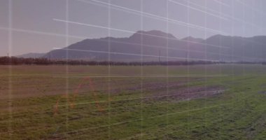 Kırsal alanda veri işleme animasyonu. Küresel iş, finans, hesaplama ve veri işleme kavramı dijital olarak oluşturulmuş video.