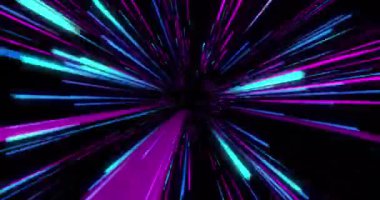 Siyah arkaplan üzerinde mavi ve mor neon ışık izlerinin canlandırılması. Soyut, neon ve ışık konsepti, dijital olarak üretilen video.